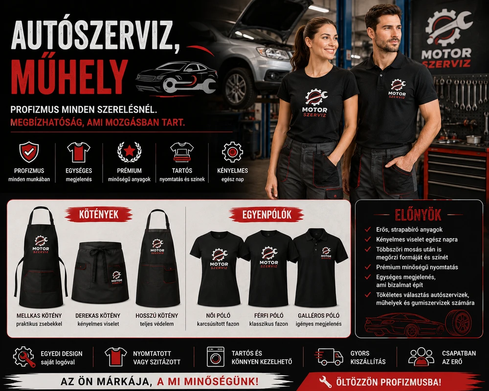 Fekete céges póló, galléros póló és munkakötény szerviz logóval autószervizhez és műhelyhez
