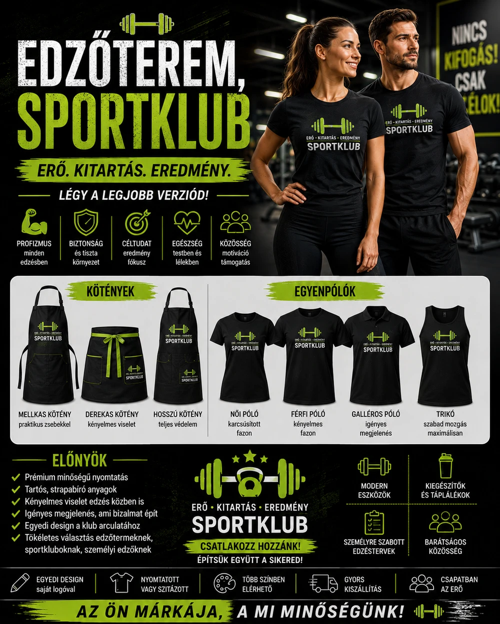 Fekete egyenpóló, galléros póló és trikó klub logóval edzőteremnek és sportklubnak