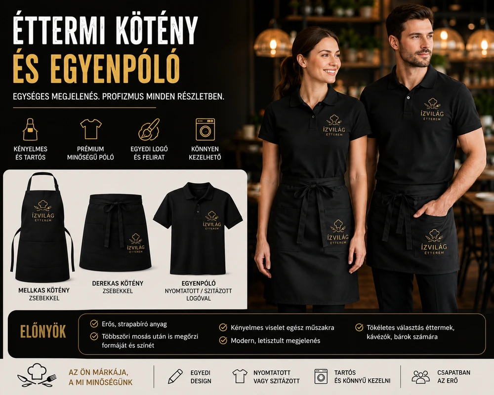 Fekete éttermi kötény és egyenpóló céglógóval, mellkas és derekas kötény zsebekkel