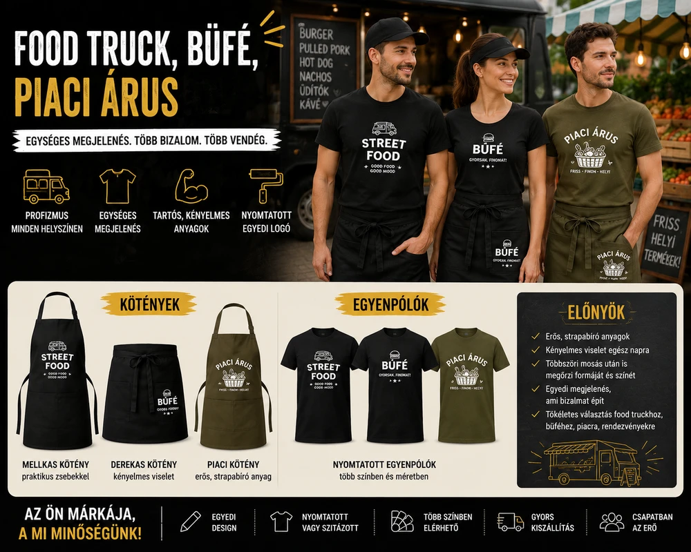 Fekete és zöld egyenpóló, kötény és sapka céglógóval food truckhoz, büféhez és piaci árushoz