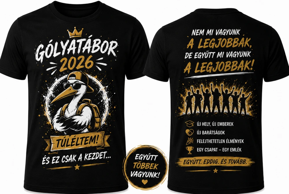 Fekete gólyatábor póló GÓLYATÁBOR 2026 felirattal és gólya mintával, hátul csapat sziluettel és motivációs idézettel