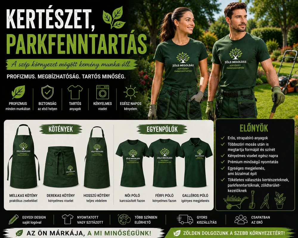 Sötétzöld céges póló, galléros póló és munkakötény céglógóval kertészetnek és parkfenntartásnak