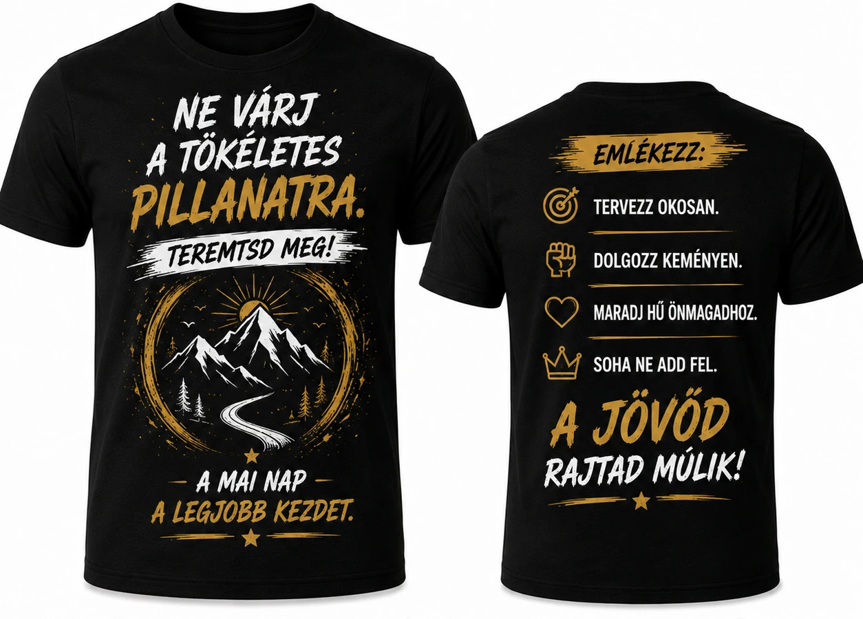 Fekete mottós póló Ne várj a tökéletes pillanatra teremtsd meg felirattal, hegy grafikával, hátul emlékezz mottólistával