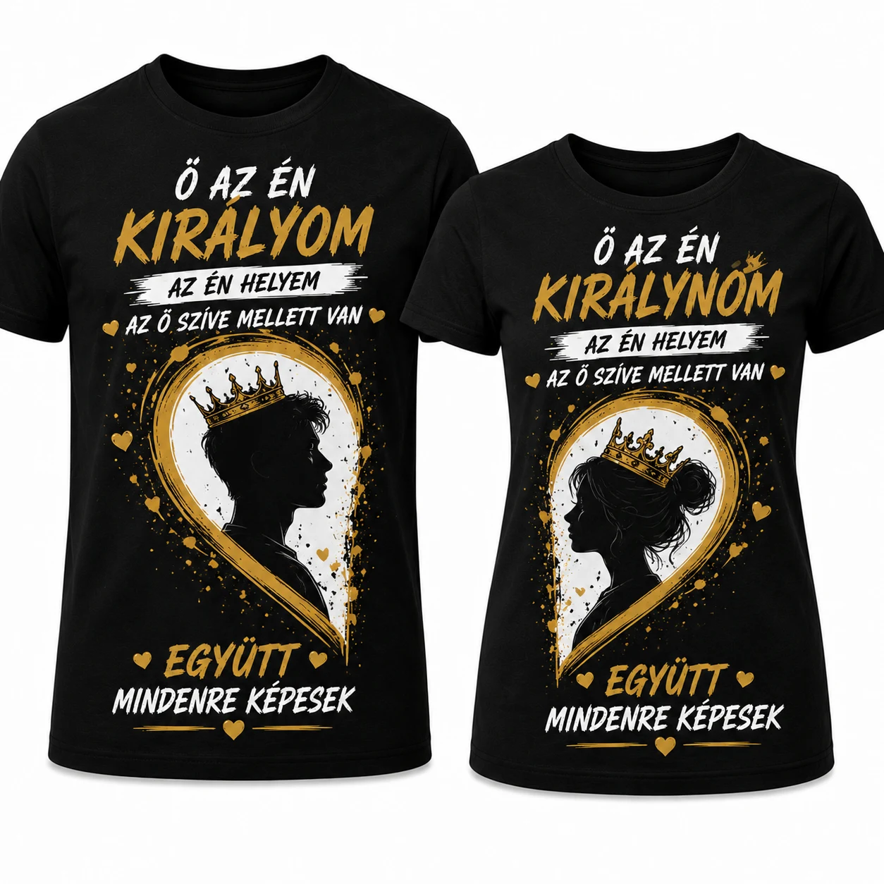 Páros fekete póló Az én királyom és Az én királynőm felirattal, korona és szív alakú sziluett mintával szerelmespároknak