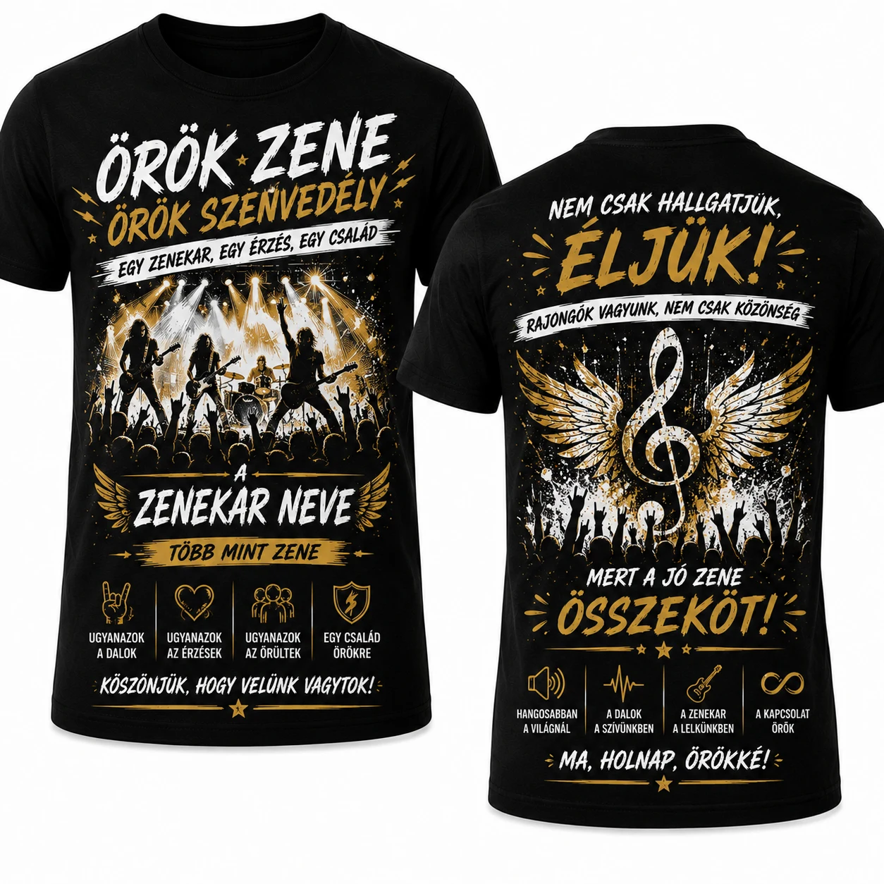 Fekete zenekari póló Örök zene örök szenvedély felirattal, koncertgrafikával, hátul dallamkulcs szárnyakkal mintával